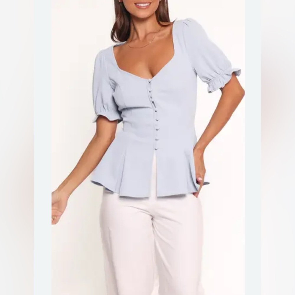 Petal & Pup Light Blue Button Front Peplum Top Puff Sleeve NWOT XS